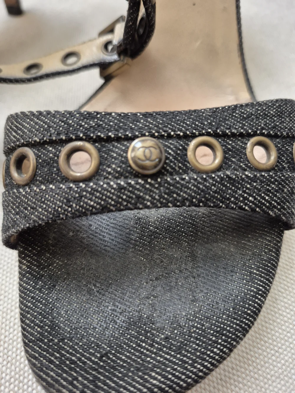 CHANEL Black Denim Studded Open-Toe Heels